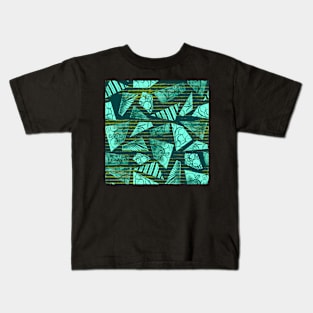 Watercolor polygon shapes on emerald grungy stripes Kids T-Shirt